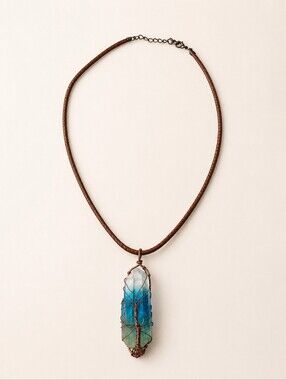 Handwrapped Blue-Green Crystal Pendant Necklace - Unbranded